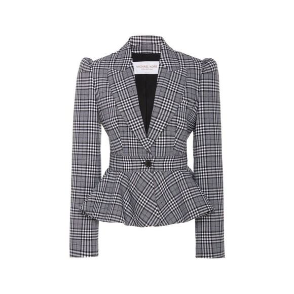DESIGNER MICHAEL KORS COLLECTION GREY PLAID PRINT PEPLUM VIRGIN WOOL BLAZER 10.R - Picture 5 of 15